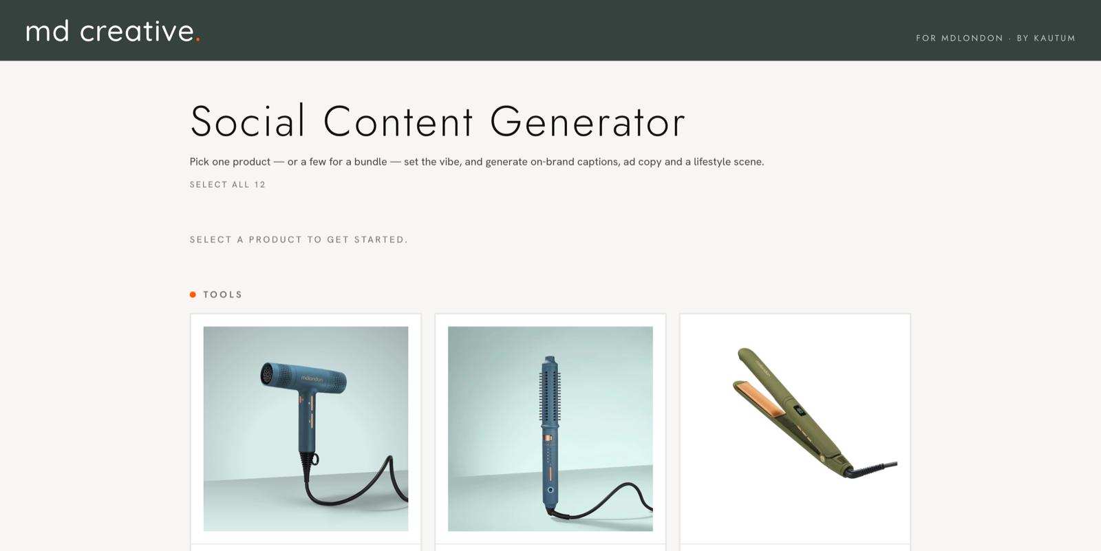 The md creative generator running: a Social Content Generator heading, a product picker, and the mdlondon range laid out as cards.